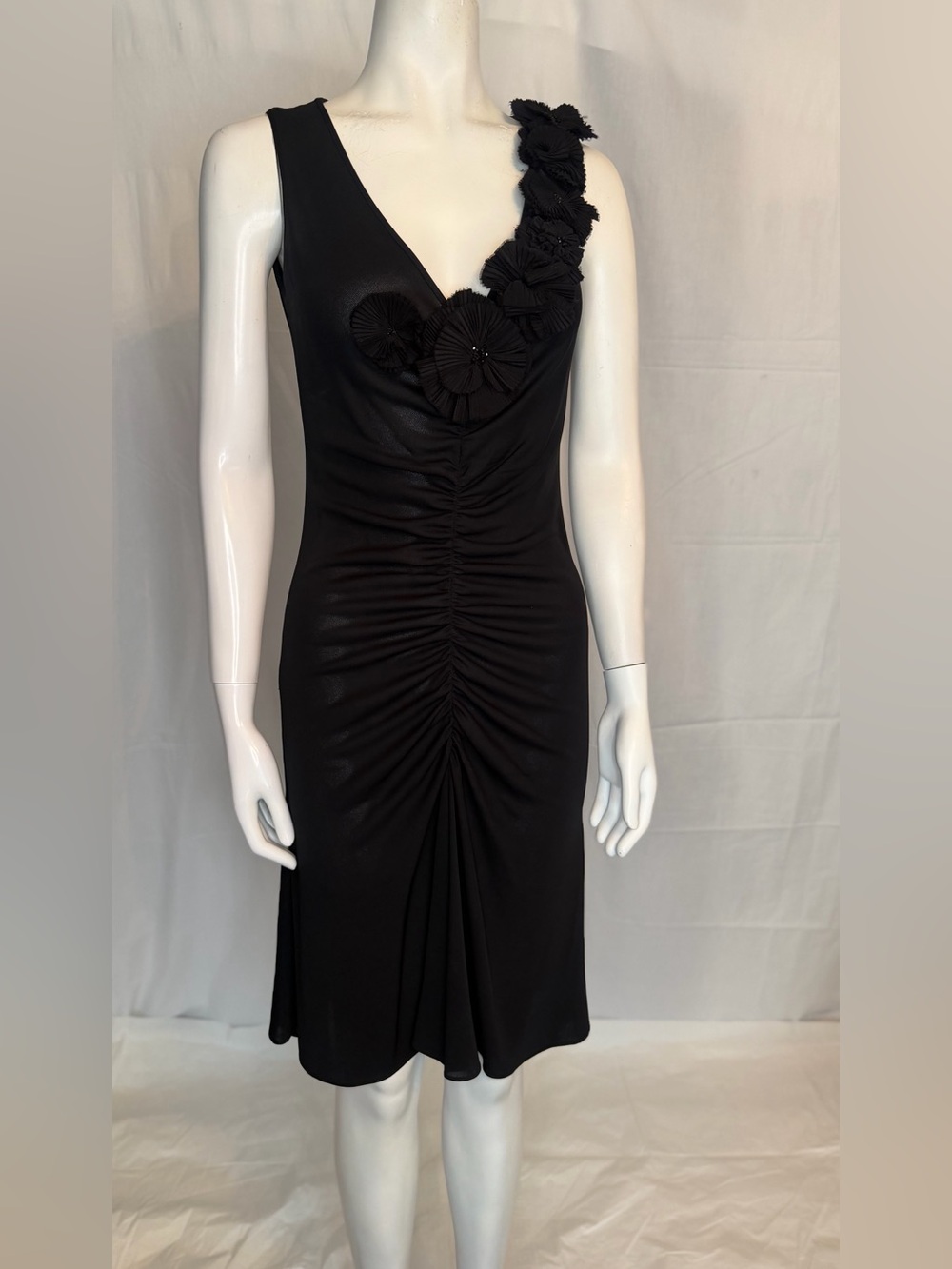 Moschino Black One-Shoulder Ruched Dress with Floral Trim